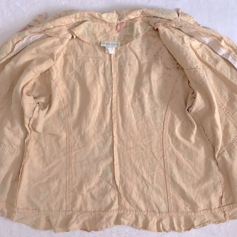{VTG} Monroe & Main | Linen Cotton Floral Print Button Front Ruffle Trim Top - Picture 8 of 15